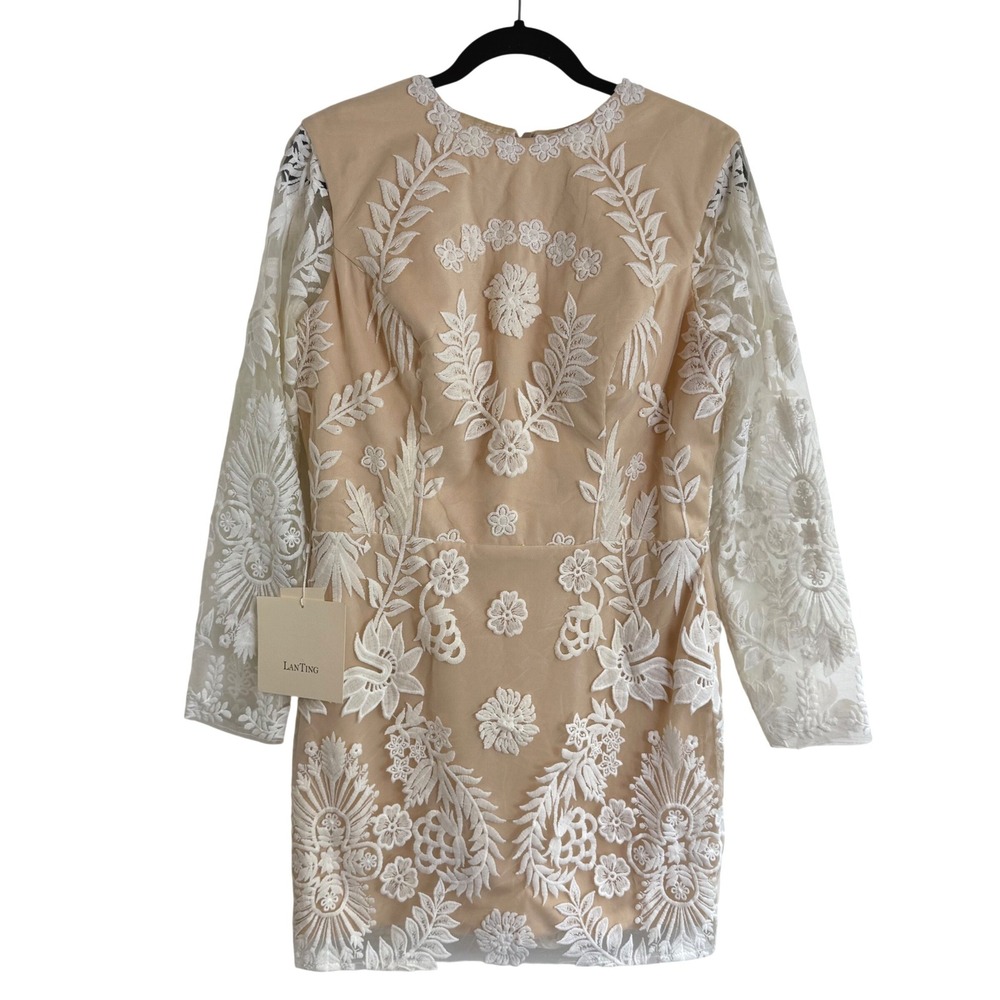 LanTing Bride Embroidered Lace Cocktail Dress Nude Ivory Sheath Bridal Sz 10 NWT